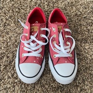 Red and white polka dot converse